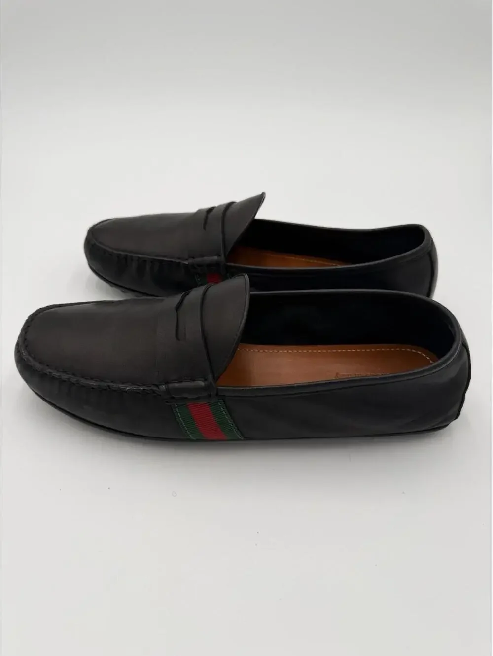 Gucci Web Stripe Driver Loafers Black Leather Mens Size 9